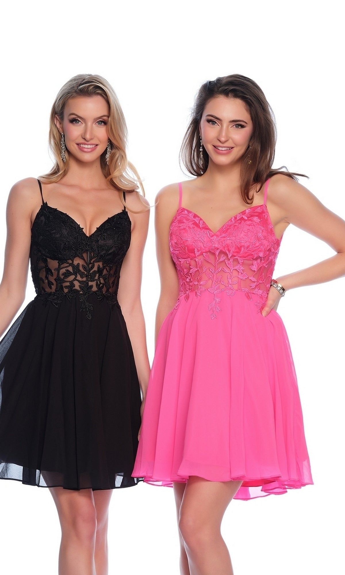 Two women stand side by side in sleeveless, knee-length semi-formal dresses; one wears the Sheer Lace-Bodice Short Homecoming Dress 10889 in black embroidery, the other opts for a bright pink A-line version of the same style.